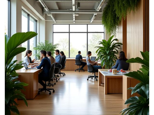 Espacio de oficina de Naya Cortes, abierto y decorado con plantas, transmitiendo un ambiente de trabajo inspirador.