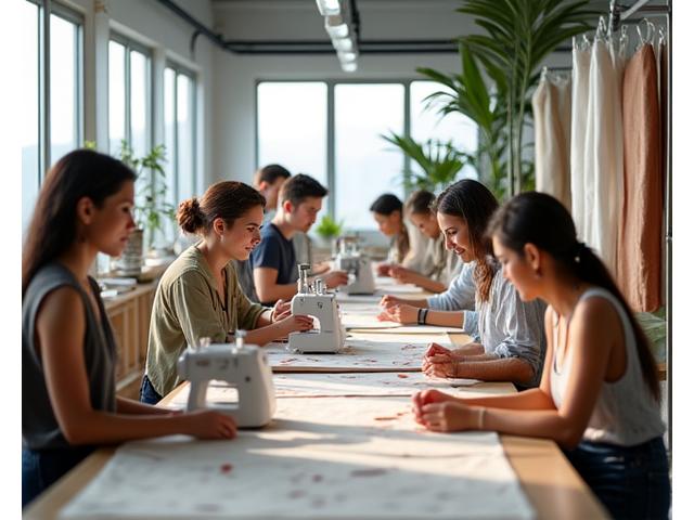 Empleados de Naya Cortes trabajando colaborativamente en un taller de costura moderno y luminoso.