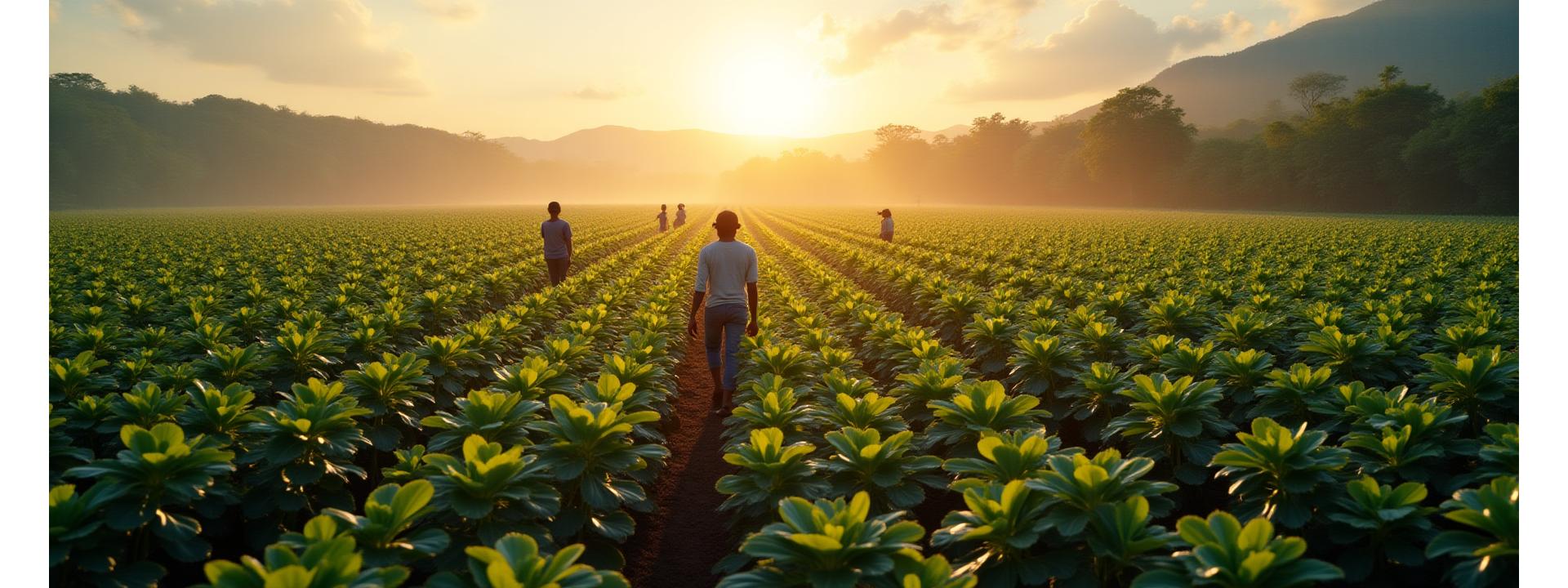 Vista aérea de una plantación de algodón orgánico con trabajadores cosechando bajo el sol, simbolizando el inicio de la moda sostenible.
