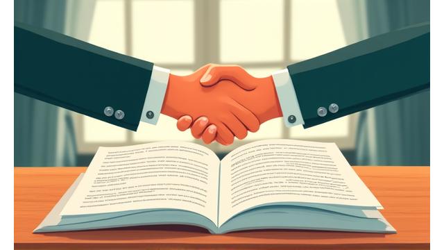 Ilustración de un contrato o documento legal con un apretón de manos superpuesto, simbolizando acuerdo y cumplimiento.
