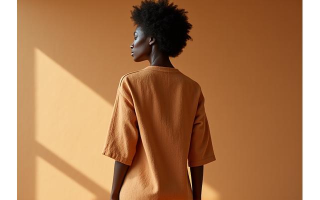 Modelo vistiendo ropa de una marca de moda circular, el concepto de economía circular reflejado en el diseño.