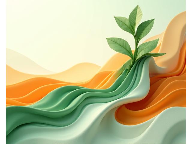 Modelo 3D abstracto que representa la transformación sostenible con engranajes verdes y hojas, colores de la paleta Naya Cortes.