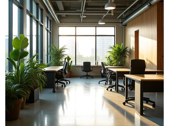 Interior moderno y luminoso de las oficinas de Naya Cortes, con elementos naturales y estaciones de trabajo colaborativas.