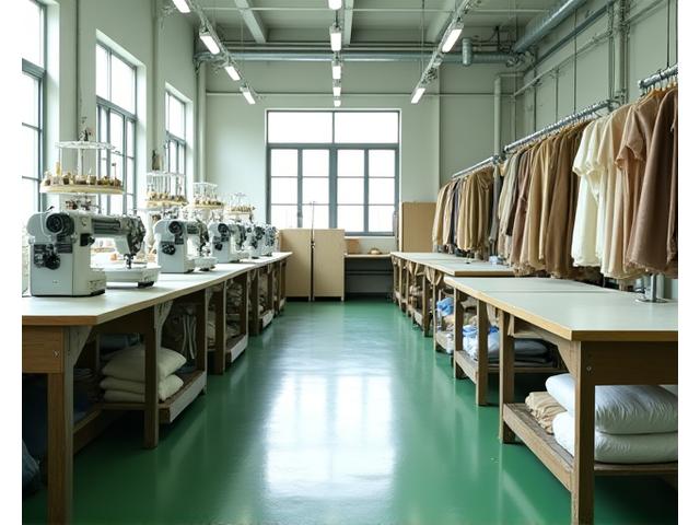 Máquinas de coser industriales y telares en un taller textil limpio y organizado, con luz natural abundante.