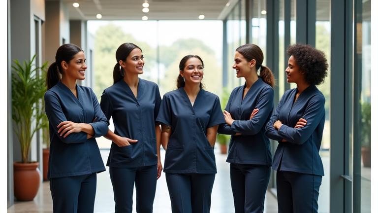 Empleados usando uniformes corporativos sostenibles
