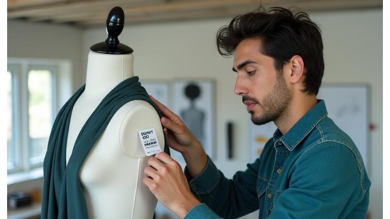 Joven diseñador trabajando con telas ecológicas