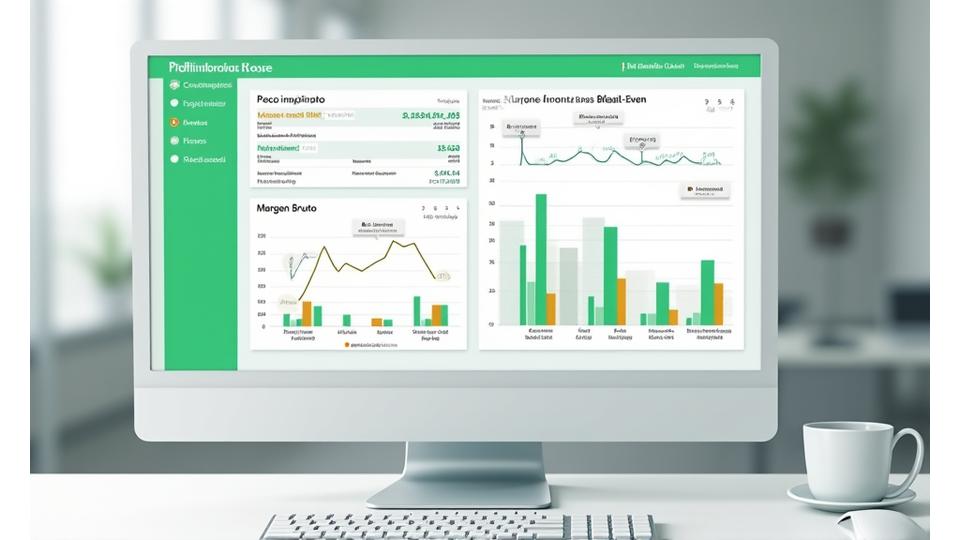 Interfaz de calculadora de márgenes con gráficos de barras mostrando rentabilidad y punto de equilibrio