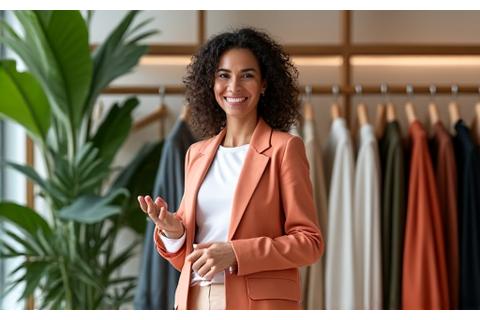 Dueña de Boutique A sonriendo en su tienda, rodeada de ropa sostenible de Naya Cortes
