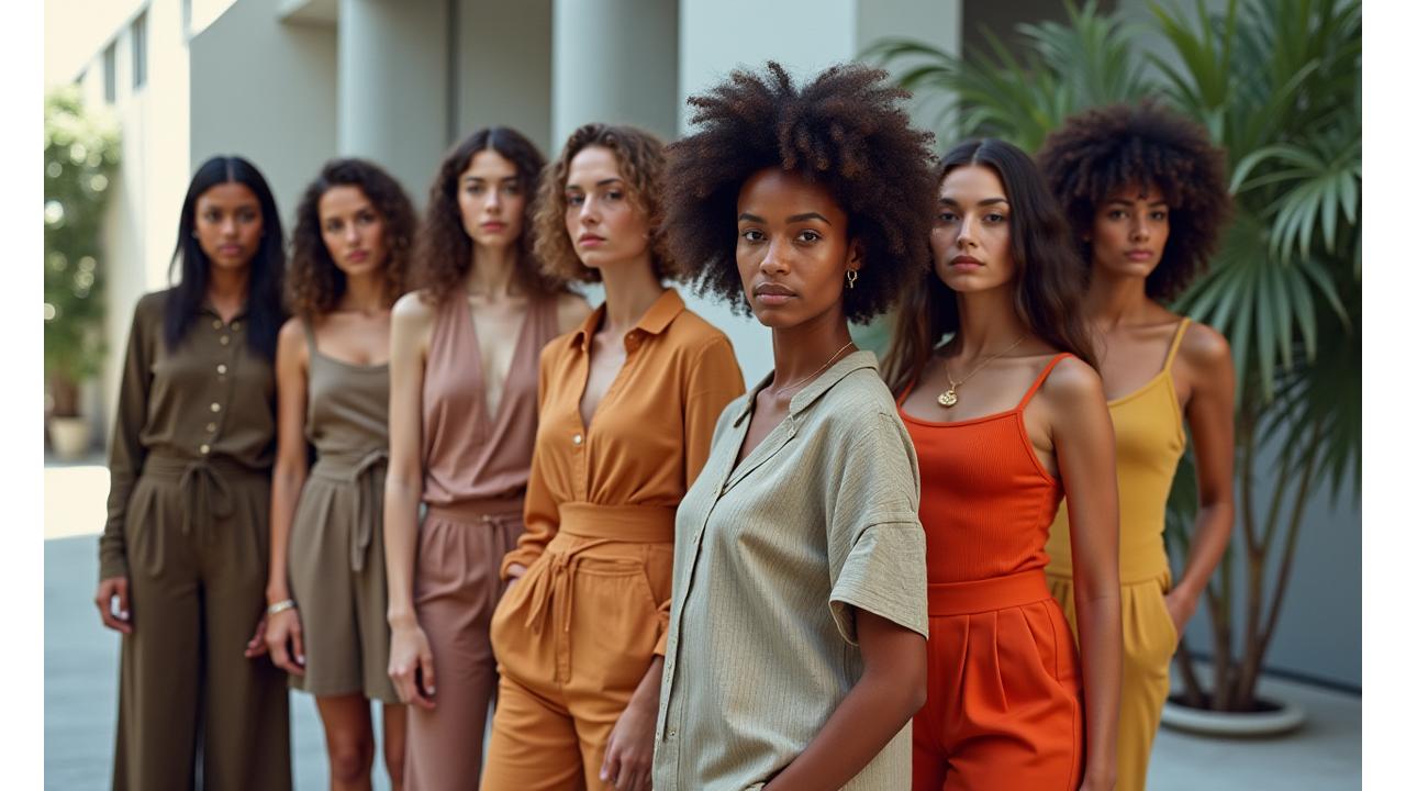 Grupo diverso de modelos de todas las identidades, edades y cuerpos vistiendo ropa genderless de diseño elegante y orgánico.