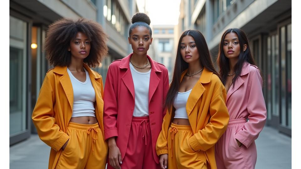 Modelos de géneros no binarios, diversas etnias y cuerpos, vistiendo con confianza prendas genderless en un entorno urbano moderno. Estilo natural y auténtico.