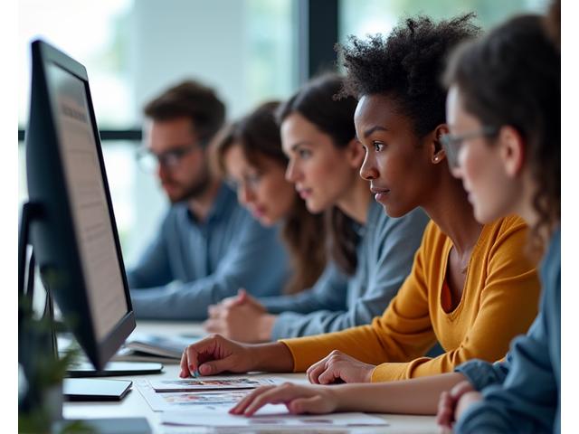 Un equipo de marketing diverso revisando imágenes y textos para una campaña, asegurándose de la autenticidad y el impacto inclusivo. Se ven diversas pieles y géneros en un ambiente creativo de oficina.