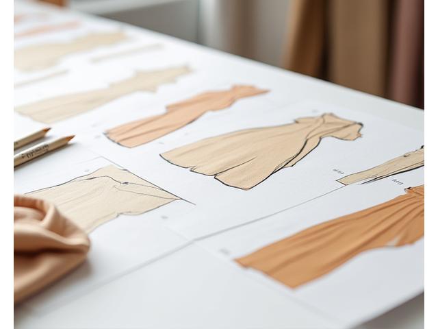 Patrones de costura y bocetos de diseños de ropa que muestran siluetas fluidas y no restrictivas, con herramientas de sastrería en un entorno de estudio creativo.