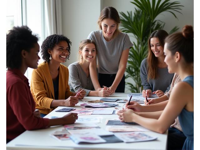 Varias personas diversas (edades, etnias, géneros) colaborando en un taller de diseño, revisando bocetos y muestras de tela, con un diseñador profesional tomando notas. Ambiente de respeto mutuo y creatividad.