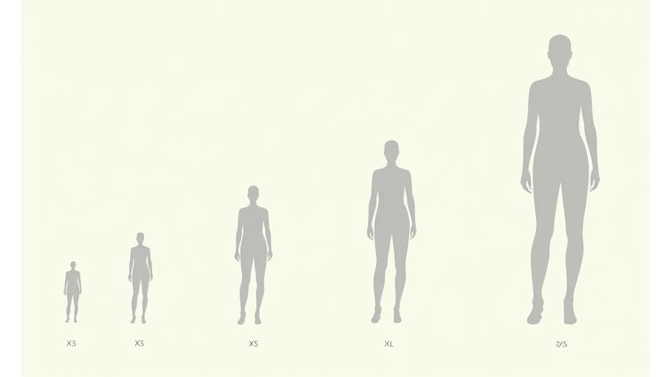 Infografía que muestra una gama de tallas inclusivas de XS a 5XL, con siluetas ilustradas que demuestran cómo el diseño adaptable mantiene la estética en todos los tamaños.