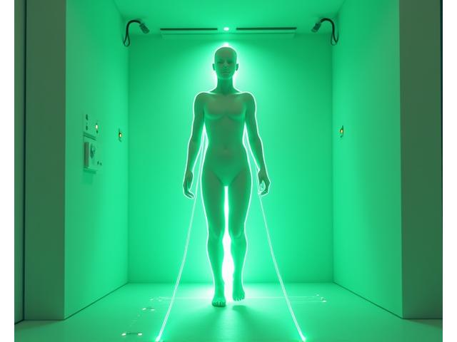 Demostración de escáner corporal 3D en acción, mostrando puntos de medición precisos en una silueta humana virtual.