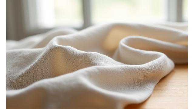 Muestra de tela de lino europeo de cultivo regenerativo, con una textura ligeramente rústica y un color natural, sobre una superficie de madera clara.