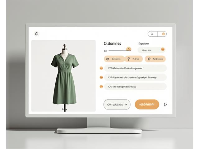Interfaz de un configurador interactivo de productos. En un lado, un maniquí digital muestra una prenda personalizable; en el otro, un panel de opciones para elegir tallas (XS-5XL), colores de tinturas naturales, tipos de bordados eco-friendly y embalajes biodegradables.