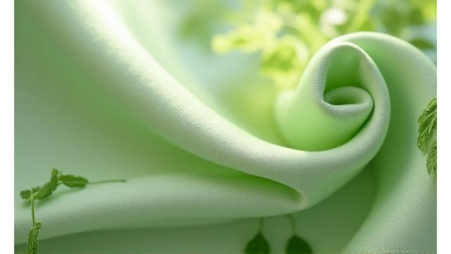 Muestra de tela de Tencel (lyocell) de bosques gestionados sosteniblemente, con un aspecto fluido y ligeramente brillante, sobre un fondo difuminado de hojas verdes.