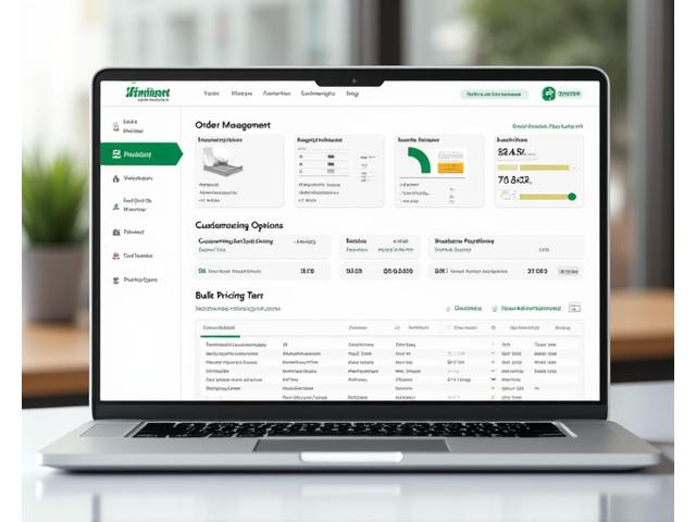 Interfaz de un sistema de gestión de pedidos B2B con opciones de personalización, seguimiento de pedidos y estadísticas de inventario.