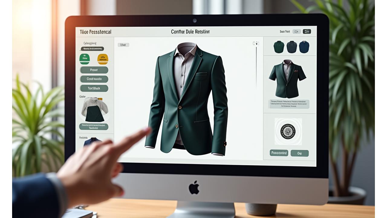 Interfaz de la herramienta de personalización de Naya Cortes mostrando una previsualización de un uniforme con logo y colores corporativos.