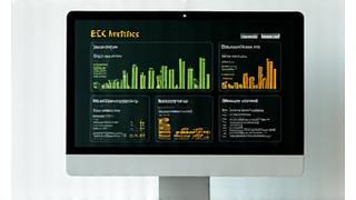 Gráfico de indicadores ESG en un tablero digital, simbolizando la mejora del rendimiento de sostenibilidad de una empresa.