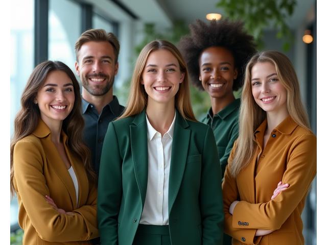 Empleados en uniformes corporativos sostenibles y modernos de Naya Cortes, sonriendo y trabajando en un ambiente de oficina luminoso y ecológico.