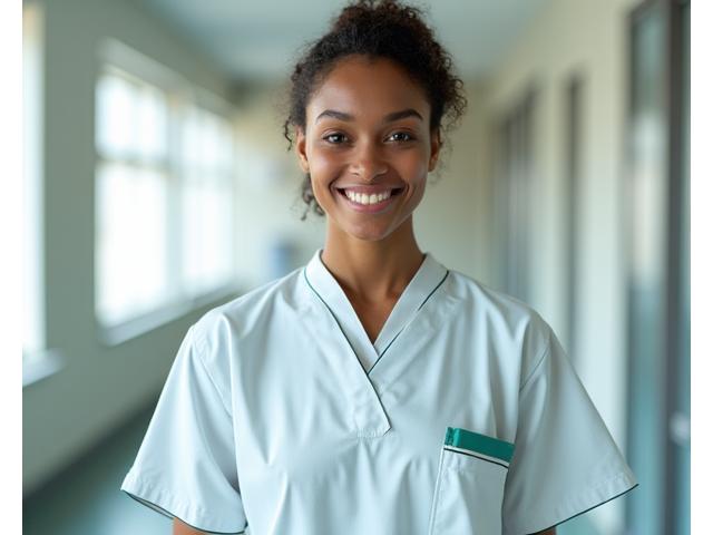 Profesional de la salud vistiendo un uniforme médico sostenible, hecho de materiales antibacterianos y cómodos.