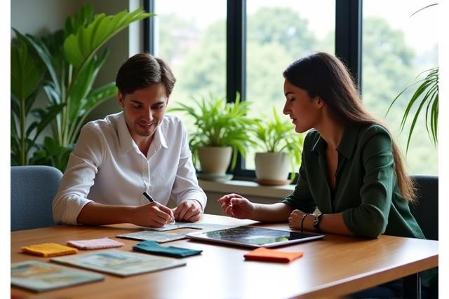 Dos personas, un consultor y un cliente, revisando muestras de tela en una mesa en un ambiente de oficina moderno y luminoso.
