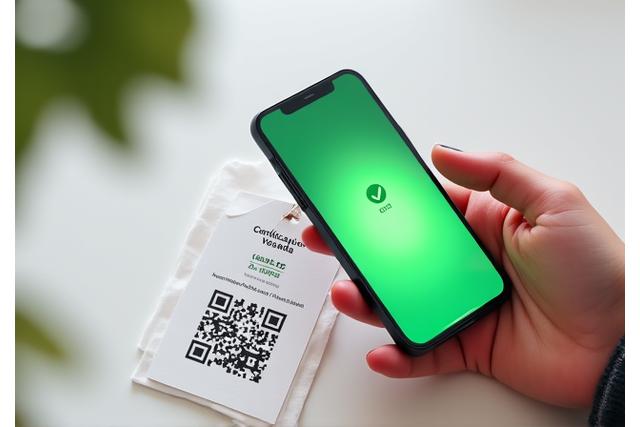 Smartphone escaneando un código QR que muestra detalles de una certificación textil como GOTS.